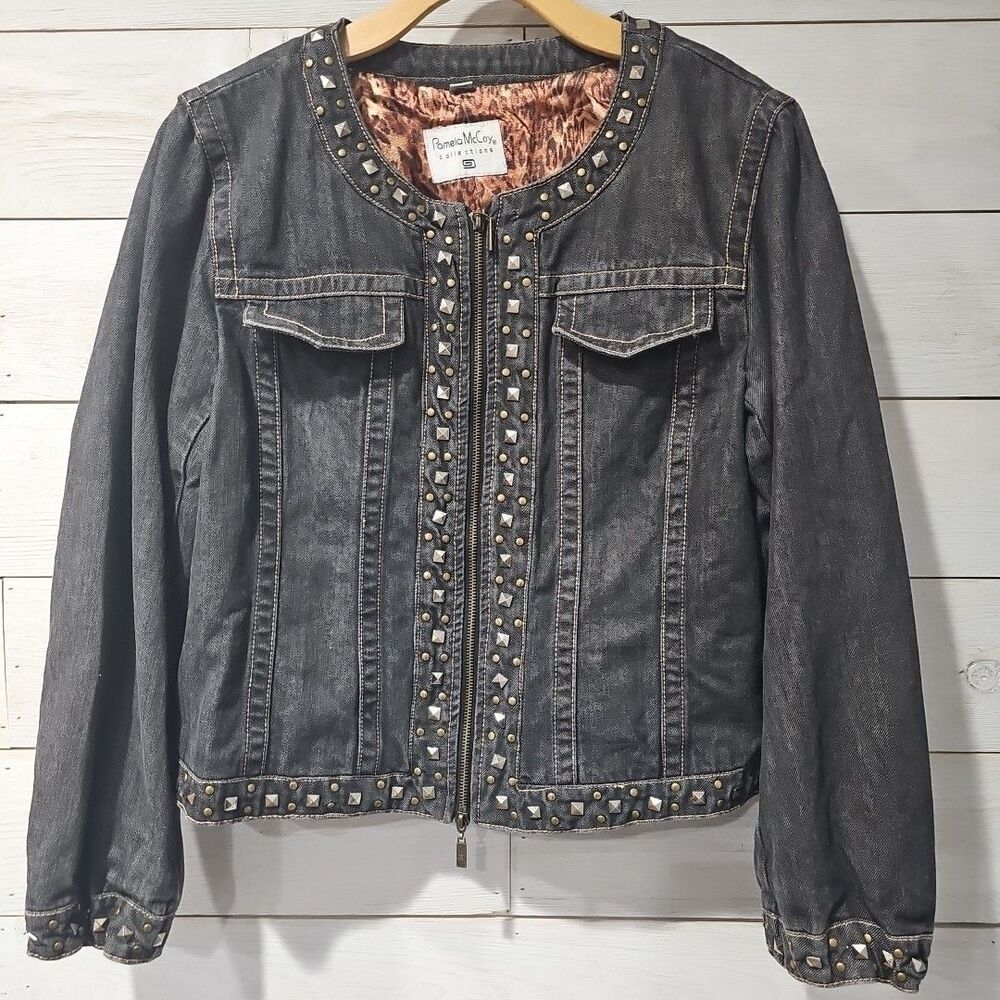 Vintage Y2K Studded Jean Jacket Women's 1X XL Western  Leopard Print Lined